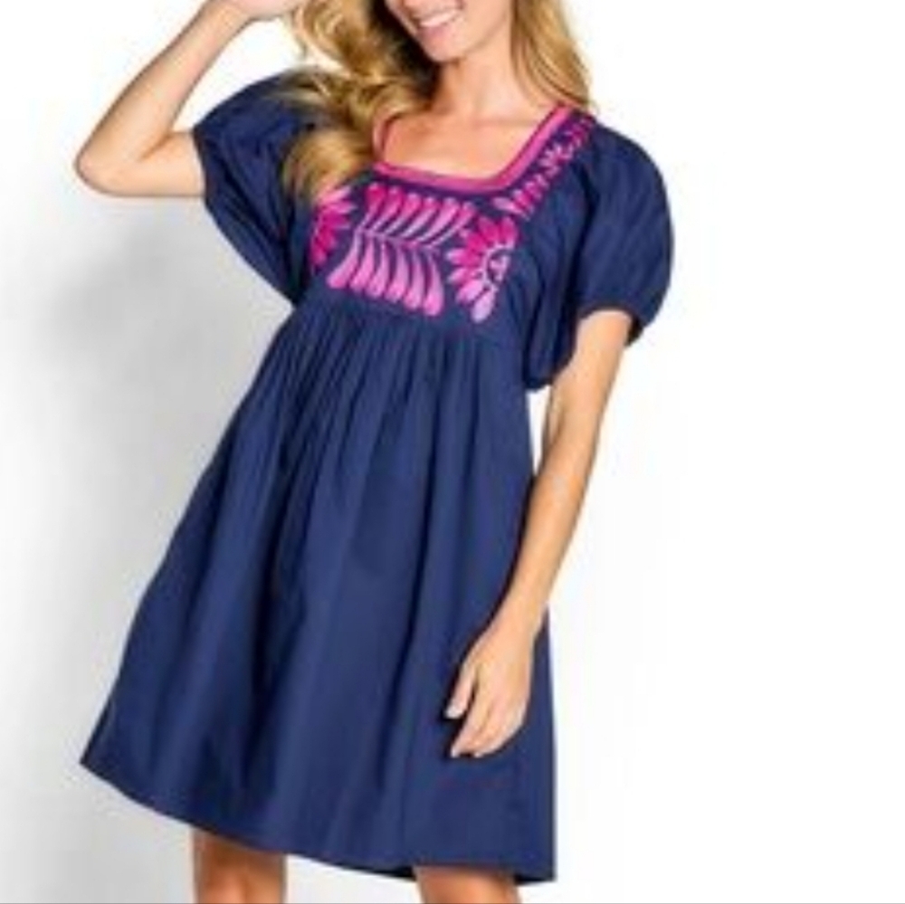 Bella Tu Navy Dress with Pink Embroidery